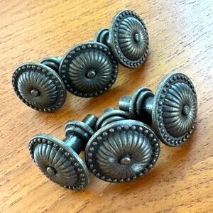 Vintage Set of 6 Metal Drawer Knobs Beaded Rosette 1”